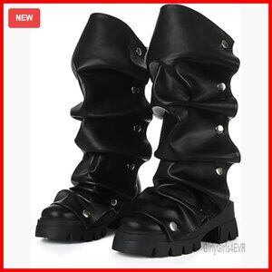 Slouchy Fold Over Boots Mid-Calf Platform Heel Non-Slip Wide Calf